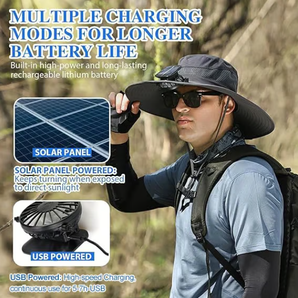 🔥Double fan Wide Brim Solar Fan Outdoor Fishing Hat-Solar & USB Charging