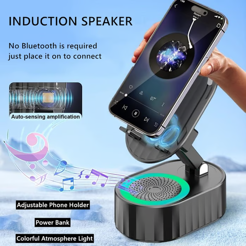 Upgraded Cell Phone Stand with Induction Speaker/Power Bank/Atmosphere Light