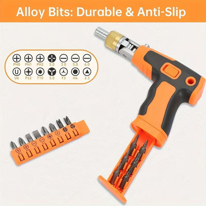 🔧 180° Rotating Ratchet Screwdriver Set | Multi-functional Alloy Bits · Two-way Magnetic Attachment · Portable and Efficient Repair Tool